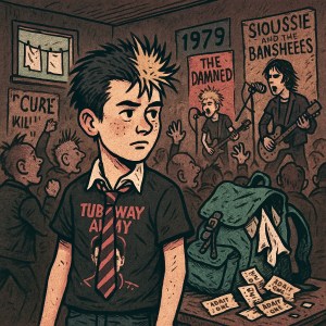 Cartoon-style illustration of a 1970s punk gig-goer with a battered leather jacket, ticket stubs flying from the sleeve, and a washing line behind pegged with “spreadsheets.”