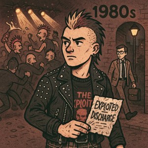 Cartoon-style image of an ’80s punk fan with spiked dyed hair, bondage trousers, and a studded jacket at a gig featuring The Exploited and Discharge, morphing into a suited version commuting between Brighton and London.