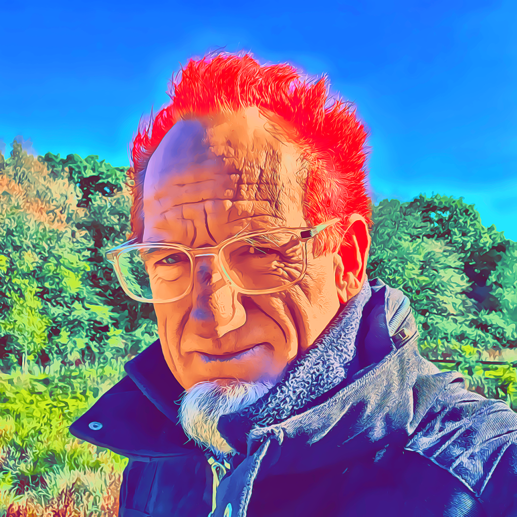 Dave the Punk cartoon in red hair and black jacket on a winter walk
