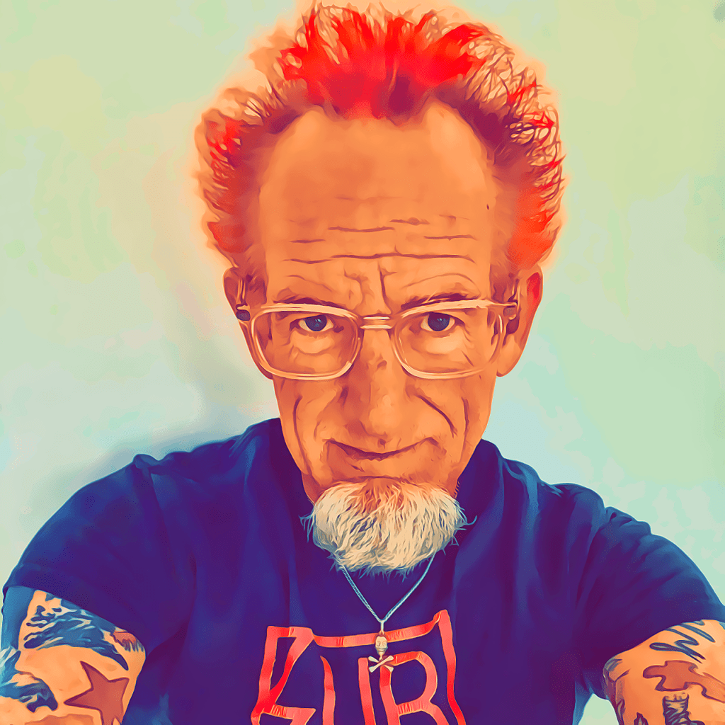 Cartoon of Dave the Punk in a Subhumans tee with red hair
