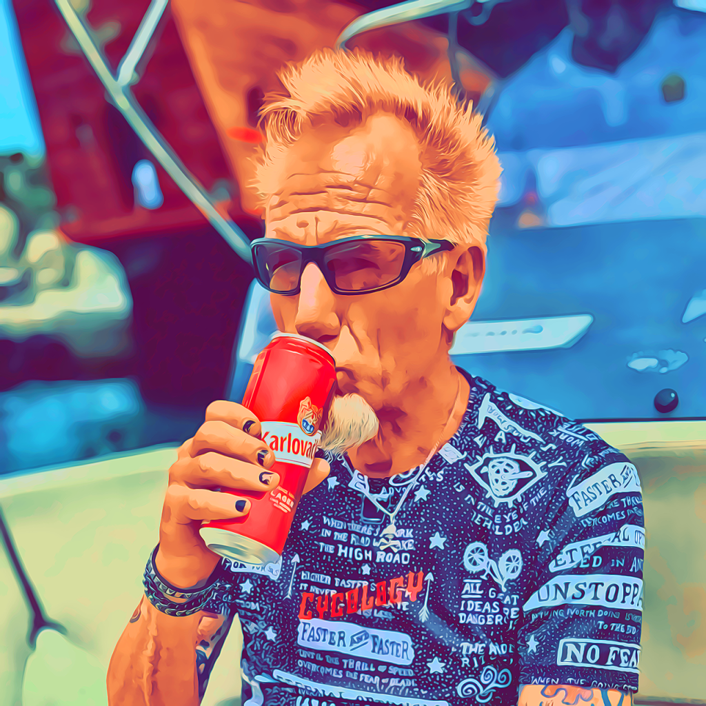 Dave the Punk cartoon with orange hair, drinking beer on a boat