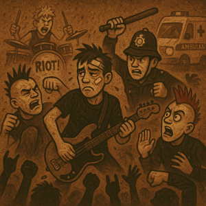 Riot breaking out at punk gig, cartoon band performing amid chaos and hospital trip aftermath