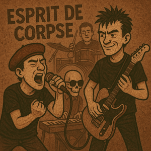 Cartoon punk band performing with synth and bass, Boney debuting live at Why Not 1984?