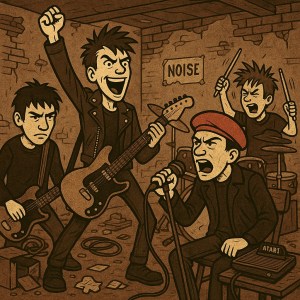 Cartoon-style punk band members forming in 1981, with guitars, berets, and anarchic attitude