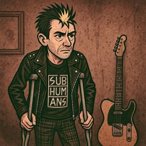 Middle-aged punk rocker on crutches with a Fender Telecaster in the background, illustrated in a textured comic-book style.