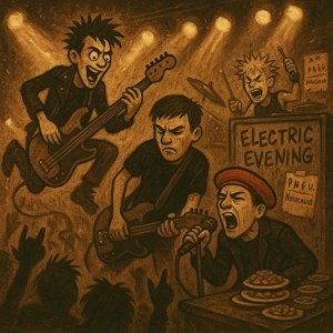 Cartoon punk band playing chaotic early gigs with beans on toast, sweat, and eyeliner