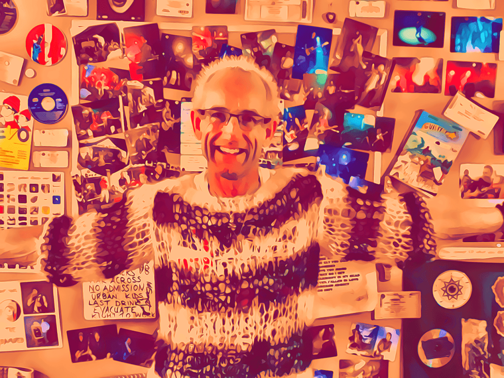 Dave the Punk at his 50th birthday with memorabilia wall