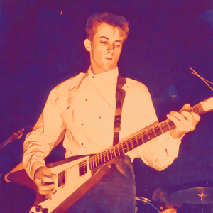 Cartoon portrait of Gary, guitarist for Esprit de Corpse