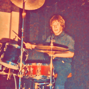 Cartoon portrait of Mark, drummer for Esprit de Corpse