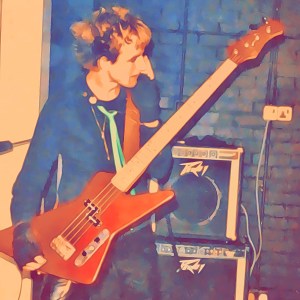 Cartoon-style colour image of Dave the Punk playing bass guitar live in the early ’80s with post-punk band Esprit de Corpse