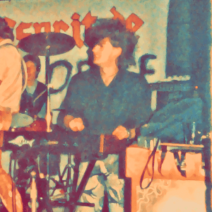 Cartoon portrait of Boney, guest keyboardist with Esprit de Corpse